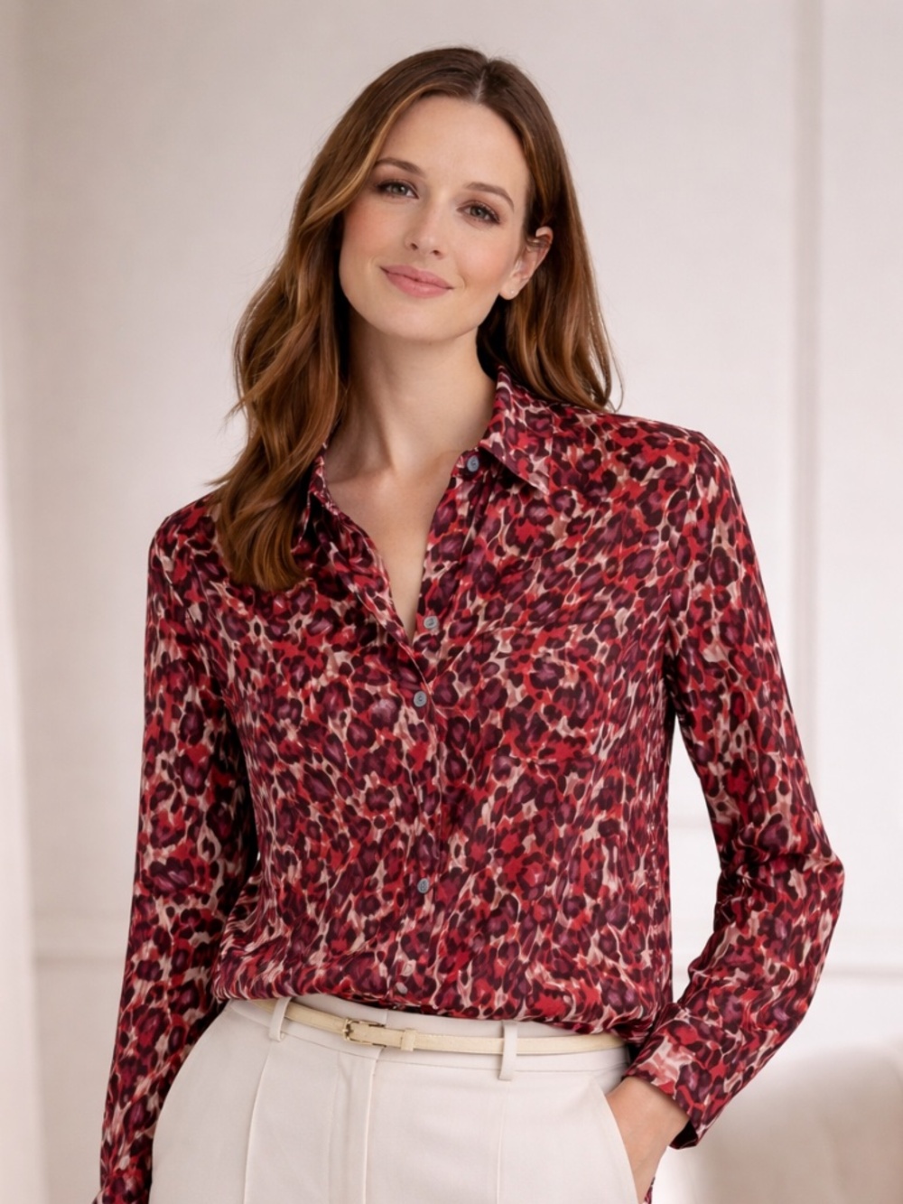 Equipment Femme Red Brown Animal Print Collared Long Sleeve Viscose Blouse M